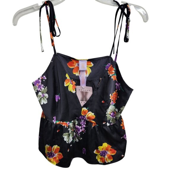 Savage X Fenty Satin Black Floral Tie-Shoulder V-Neck Babydoll Cami Tank Size L - Picture 1 of 5